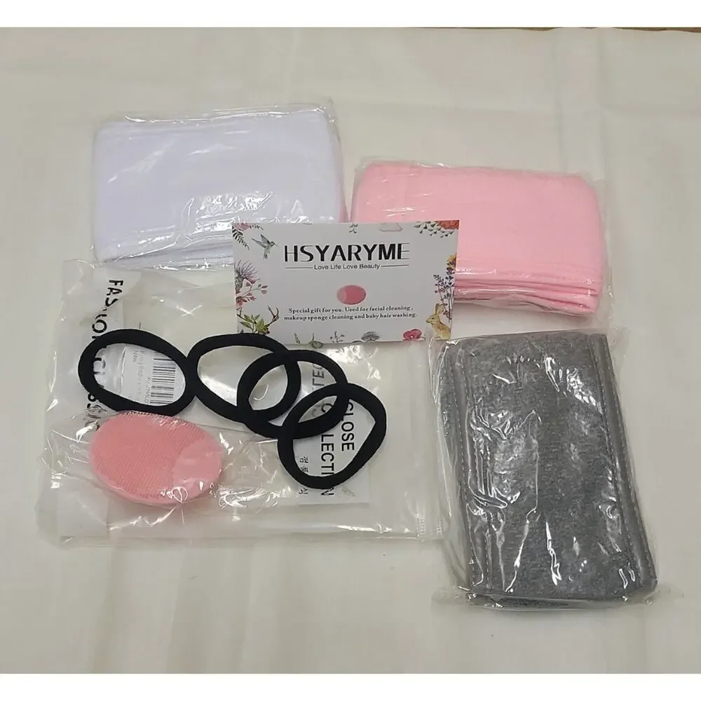 Set of 3 Spa Headbands & 4 Black Hair Ties - New Sweat Band Black White Pink